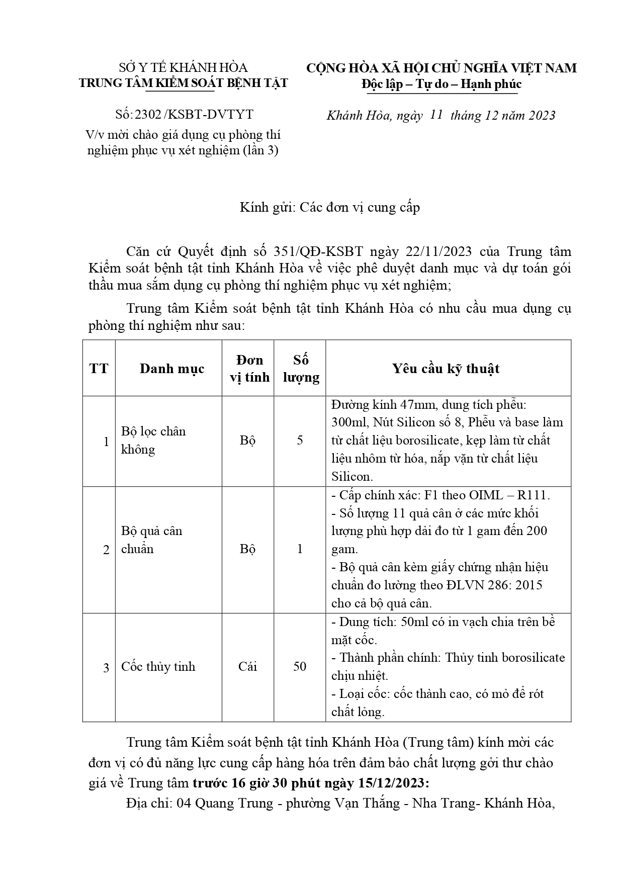 V/v mời chào giá dụng cụ phòng thí nghiệm phục vụ xét nghiệm (lần 3)